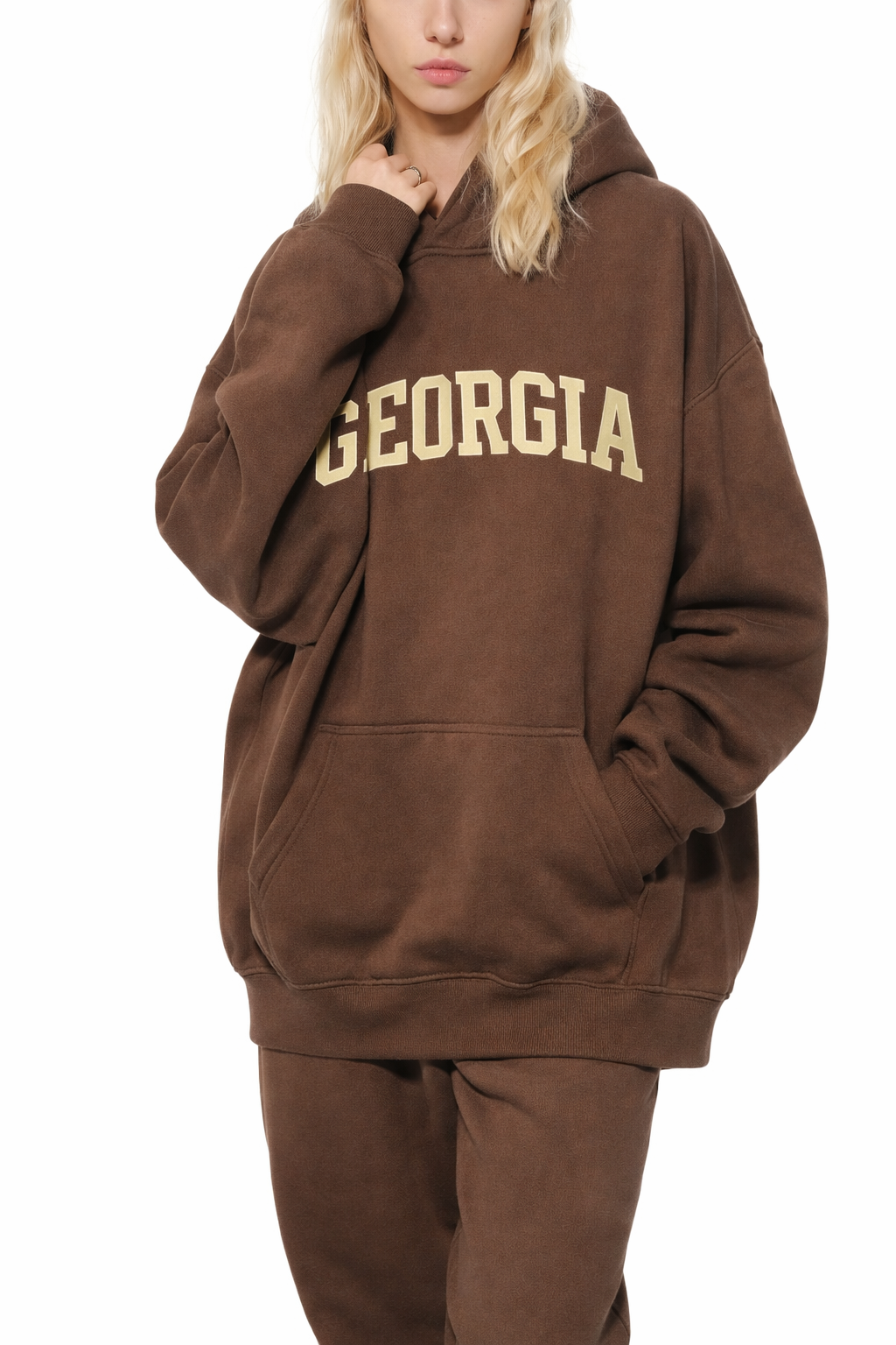 Georgia State Pride Hoodie in Brown / Cream — lifestyle 2