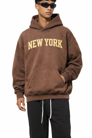 New York State Pride Hoodie in Brown / Cream — lifestyle 1