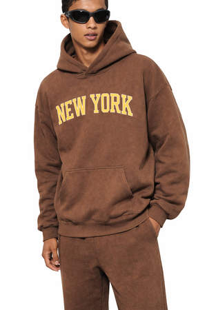 New York State Pride Hoodie in Brown / Cream — lifestyle 2