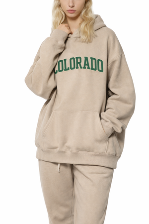 Colorado State Pride Hoodie in Gray Apricot / Forest Green — lifestyle 2