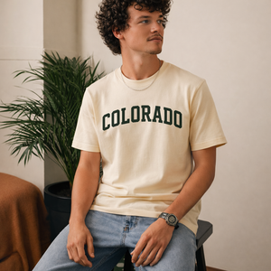 Colorado State Pride T-Shirt in Cream / Forest Green — lifestyle 2