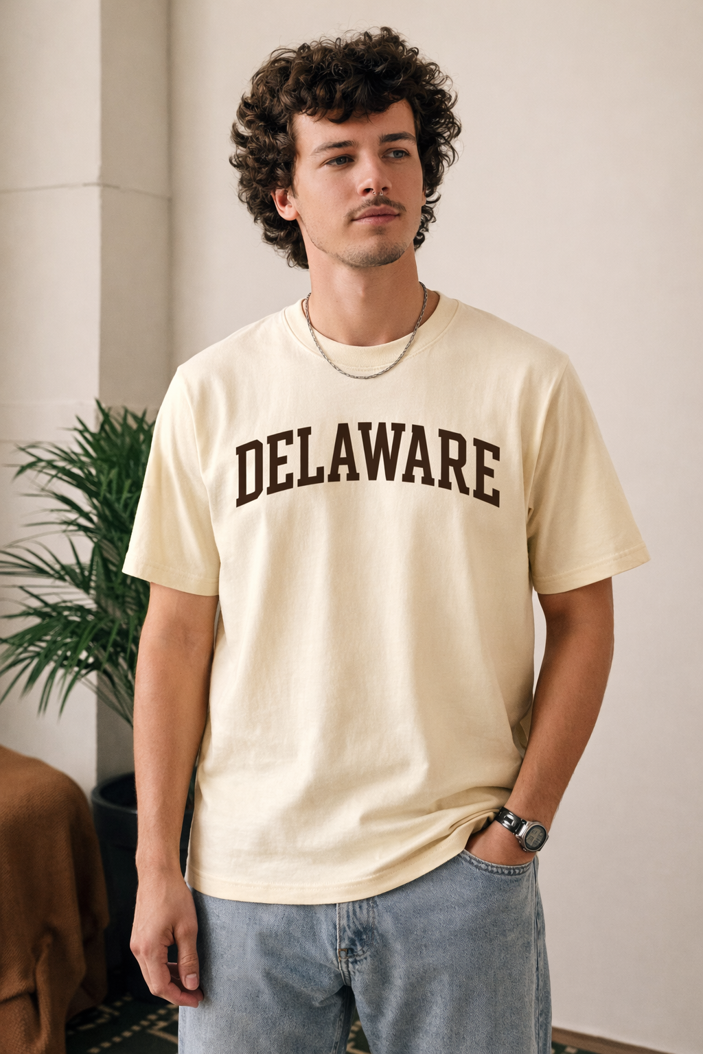 Delaware State Pride T-Shirt in Cream / Brown — lifestyle 1