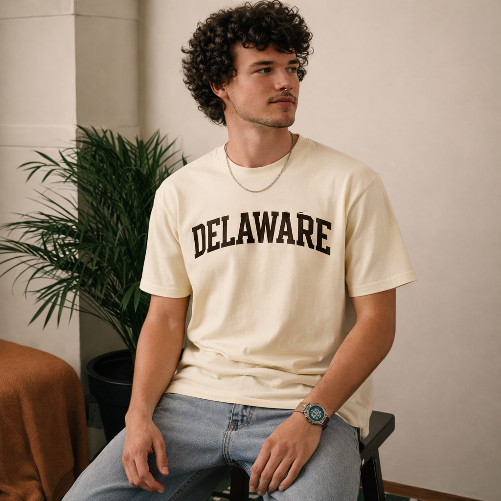Delaware State Pride T-Shirt in Cream / Brown — lifestyle 2