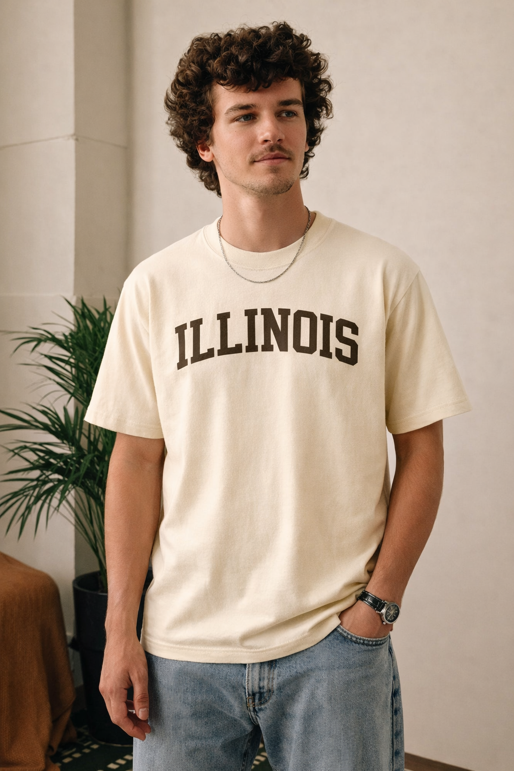 Illinois State Pride T-Shirt in Cream / Brown — lifestyle 1