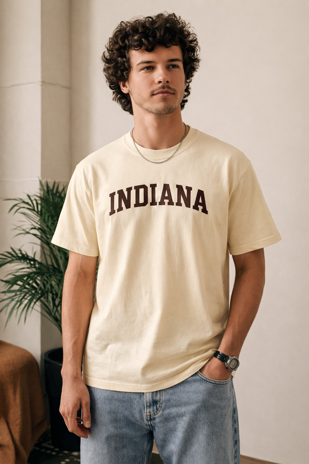 Indiana State Pride T-Shirt in Cream / Brown — lifestyle 1
