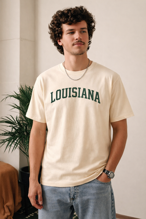 Louisiana State Pride T-Shirt in Cream / Forest Green — lifestyle 1