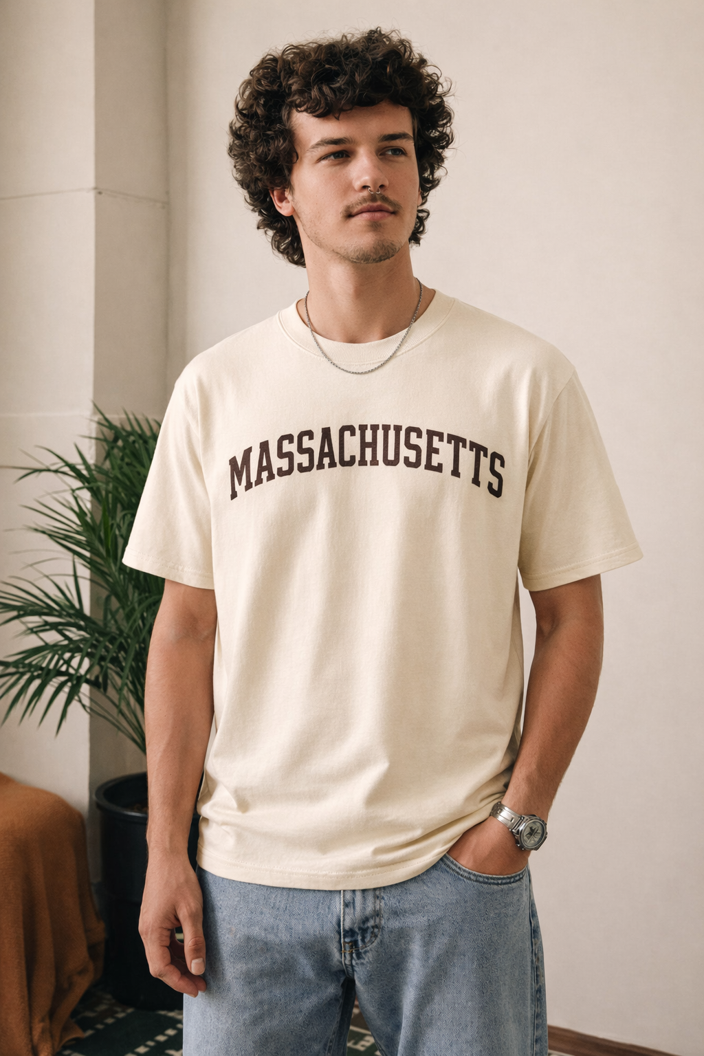 Massachusetts State Pride T-Shirt in Cream / Brown — lifestyle 1