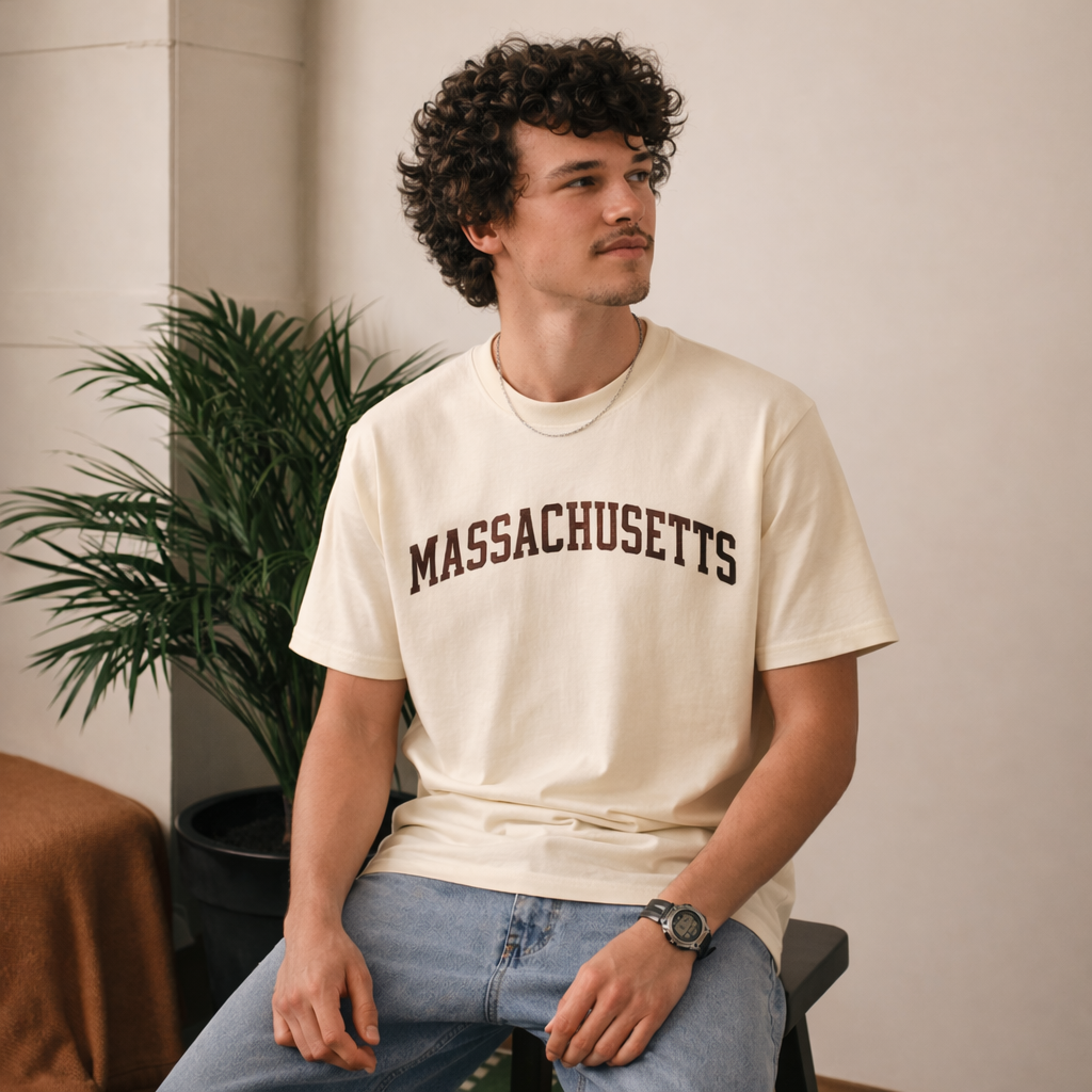 Massachusetts State Pride T-Shirt in Cream / Brown — lifestyle 2