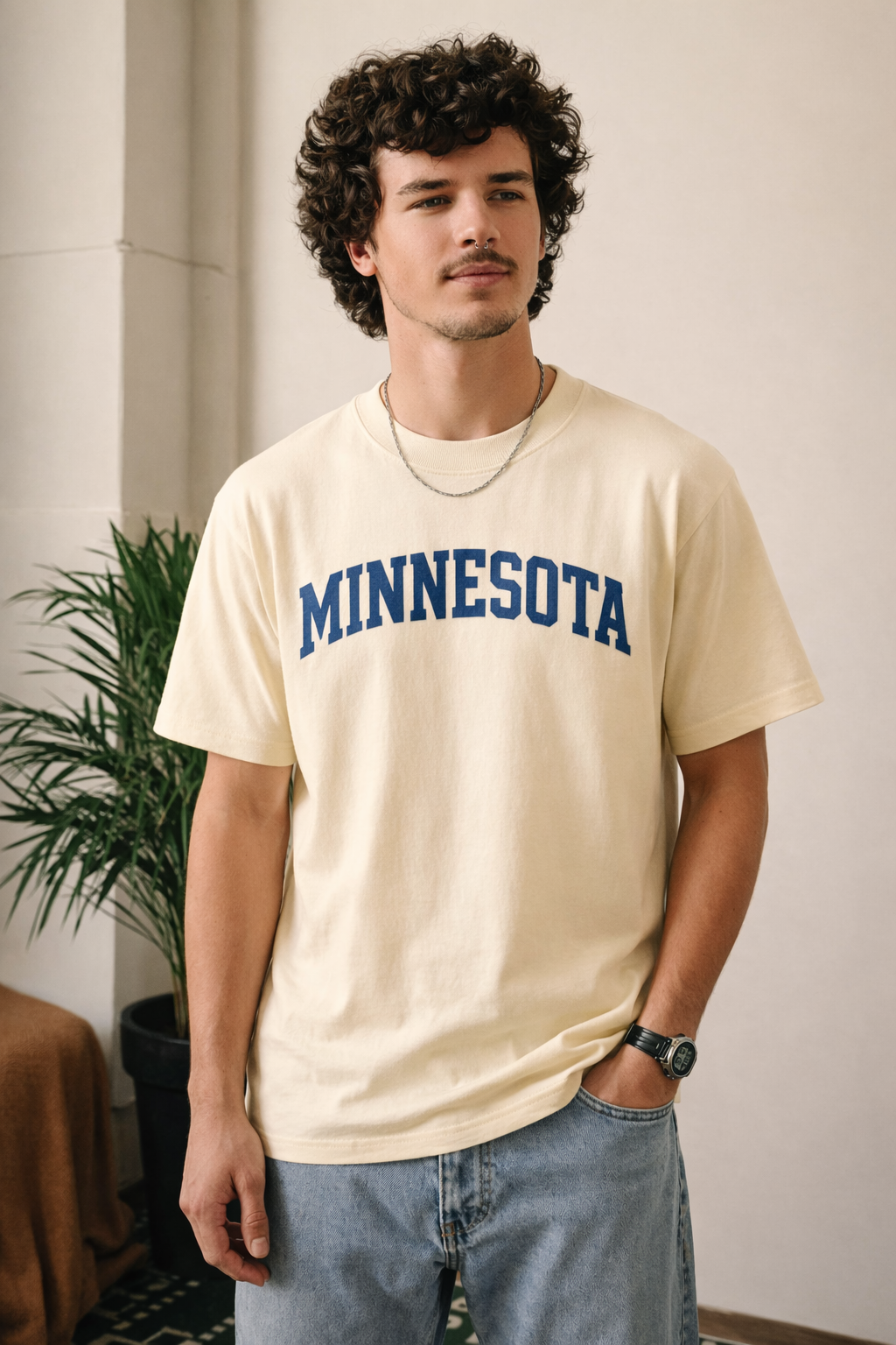 Minnesota State Pride T-Shirt in Cream / Medium Blue — lifestyle 1