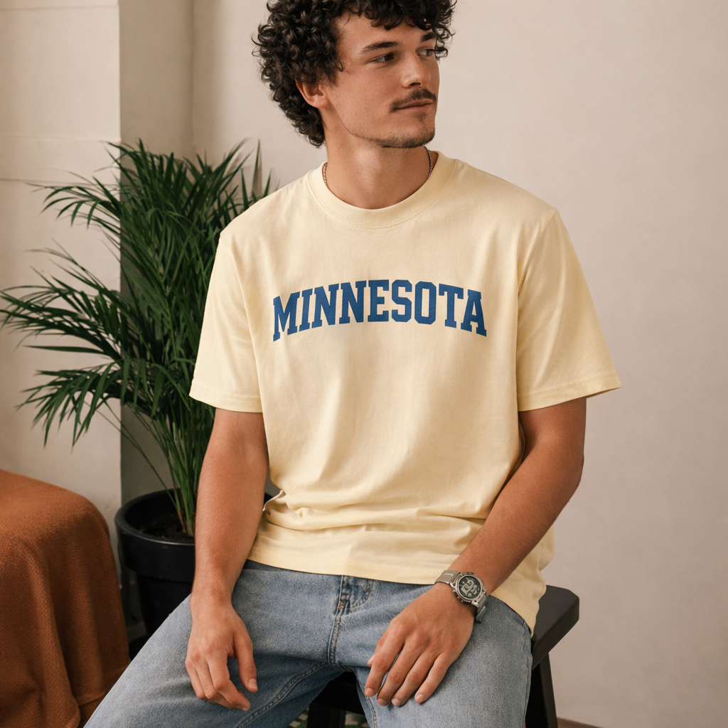 Minnesota State Pride T-Shirt in Cream / Medium Blue — lifestyle 2