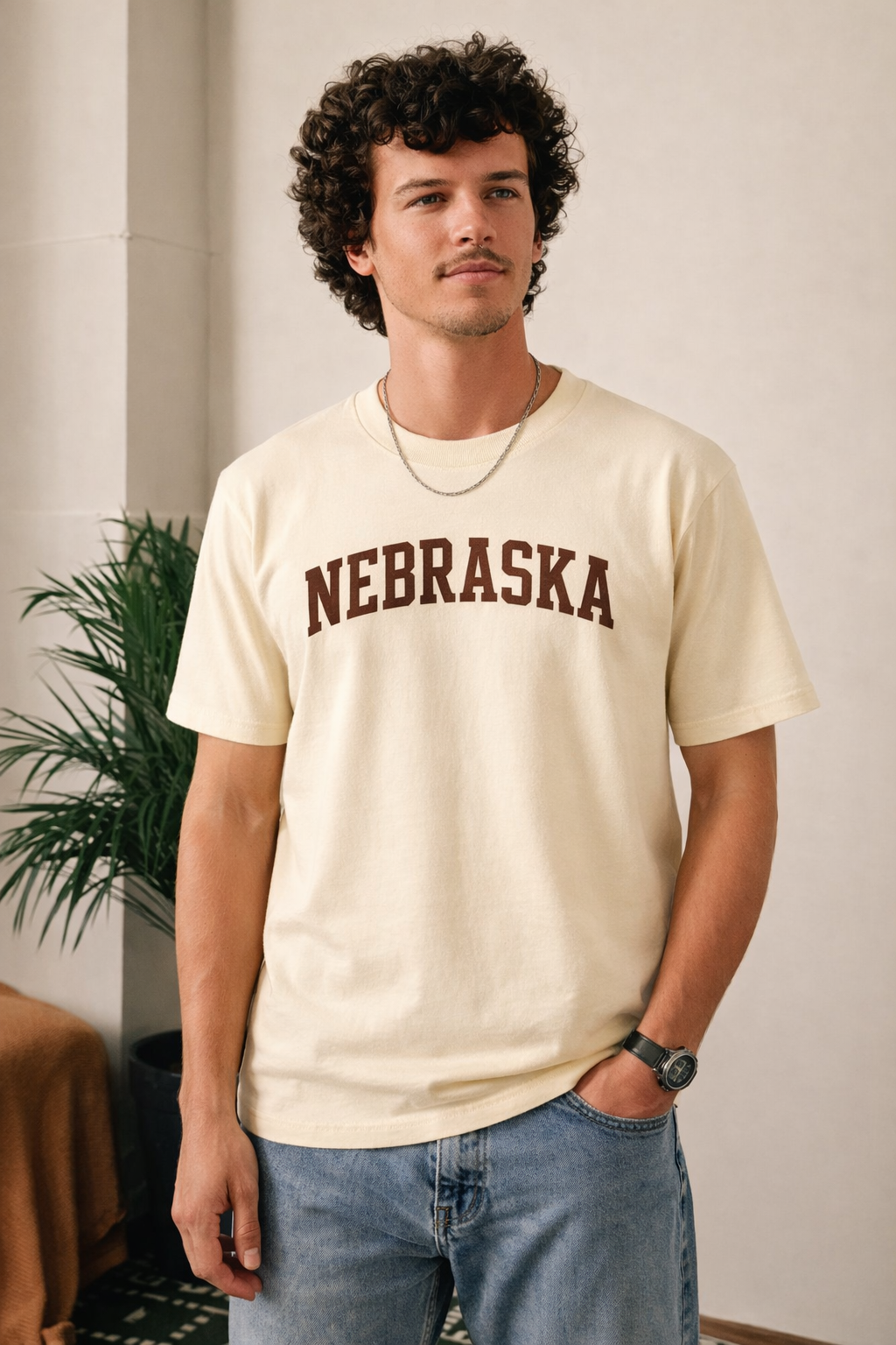 Nebraska State Pride T-Shirt in Cream / Brown — lifestyle 1