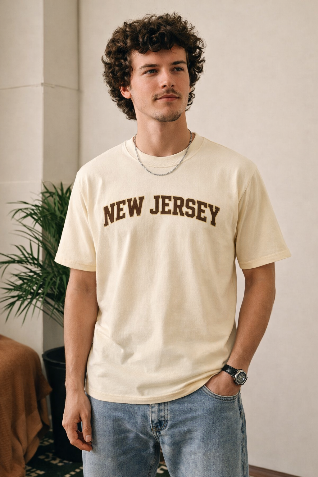 New Jersey State Pride T-Shirt in Cream / Brown — lifestyle 1