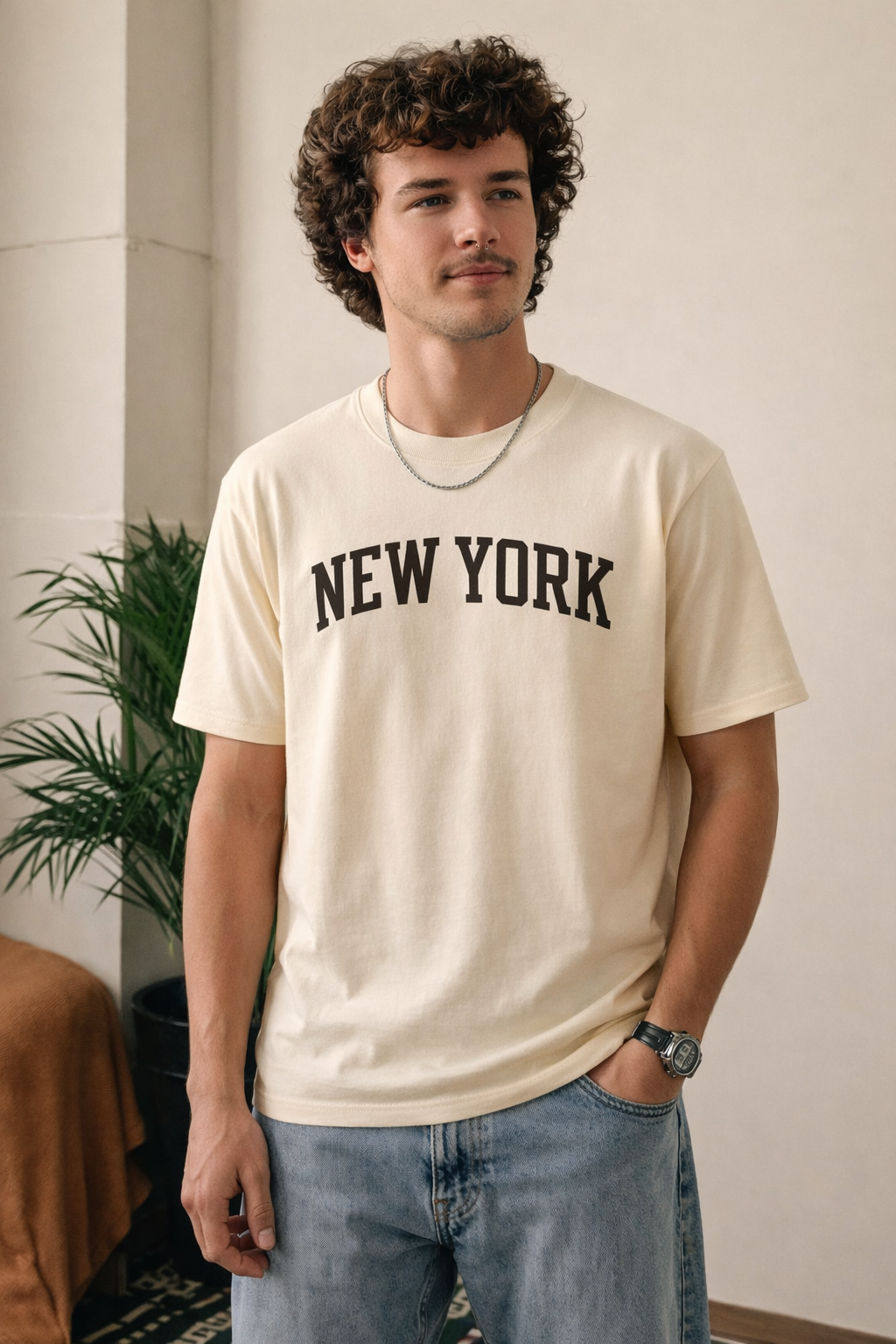 New York State Pride T-Shirt in Cream / Brown — lifestyle 1