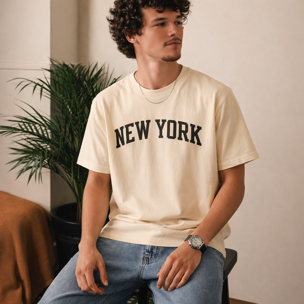 New York State Pride T-Shirt in Cream / Brown — lifestyle 2