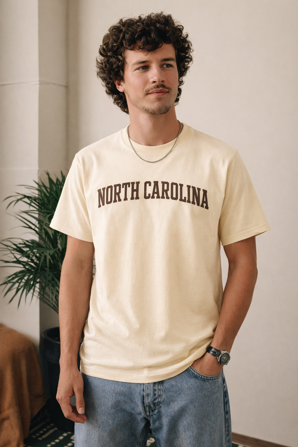 North Carolina State Pride T-Shirt in Cream / Brown — lifestyle 1