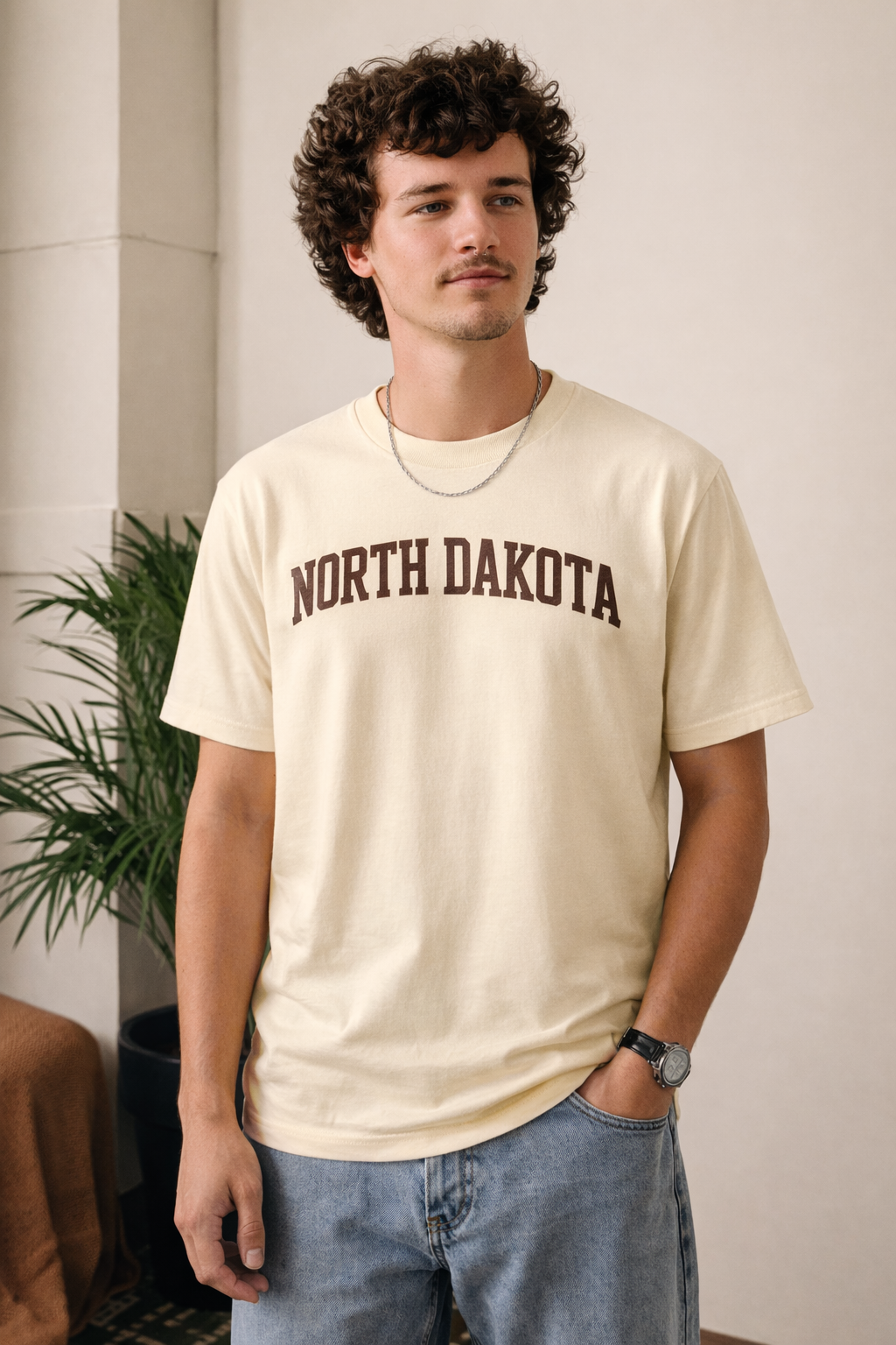 North Dakota State Pride T-Shirt in Cream / Brown — lifestyle 1