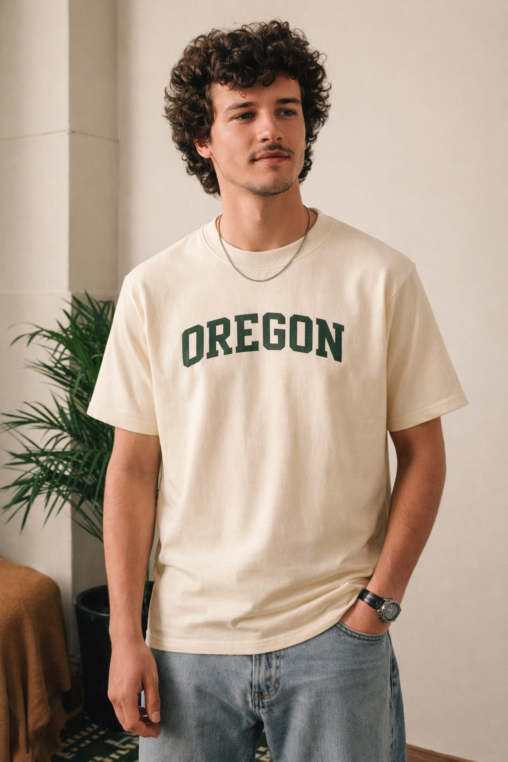 Oregon State Pride T-Shirt in Cream / Forest Green — lifestyle 1