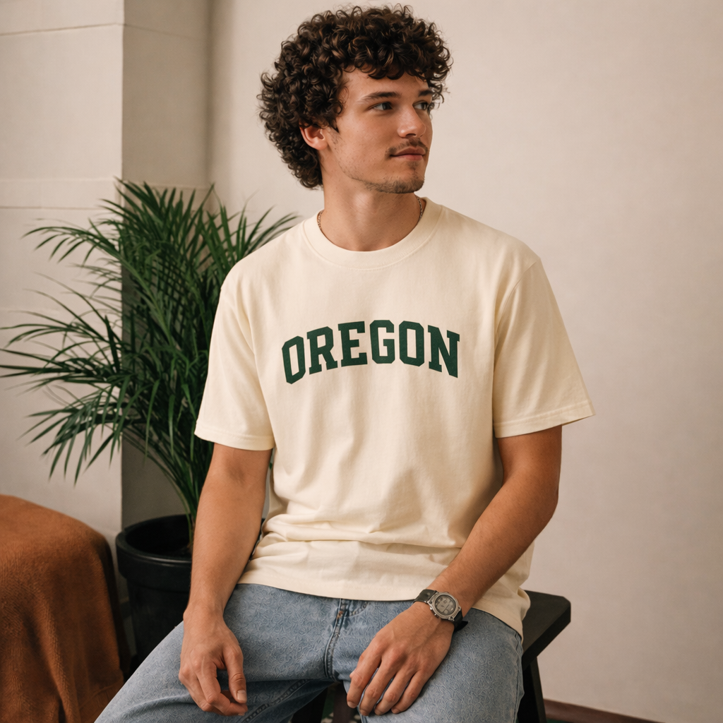 Oregon State Pride T-Shirt in Cream / Forest Green — lifestyle 2