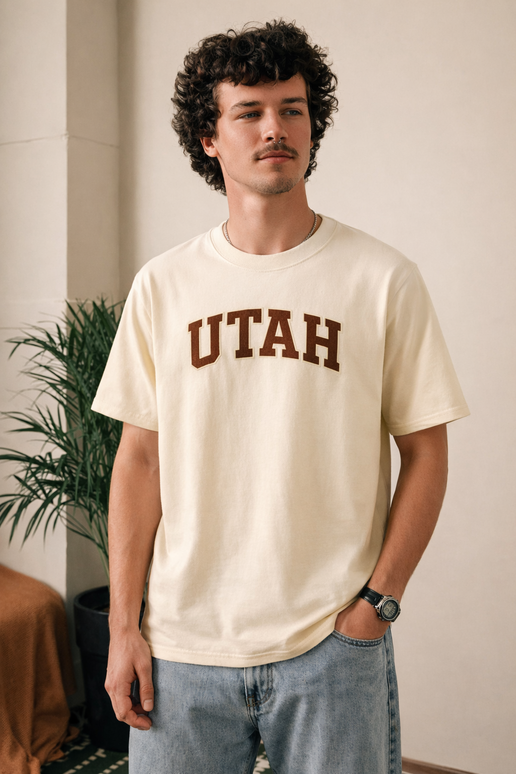 Utah State Pride T-Shirt in Cream / Brown — lifestyle 1