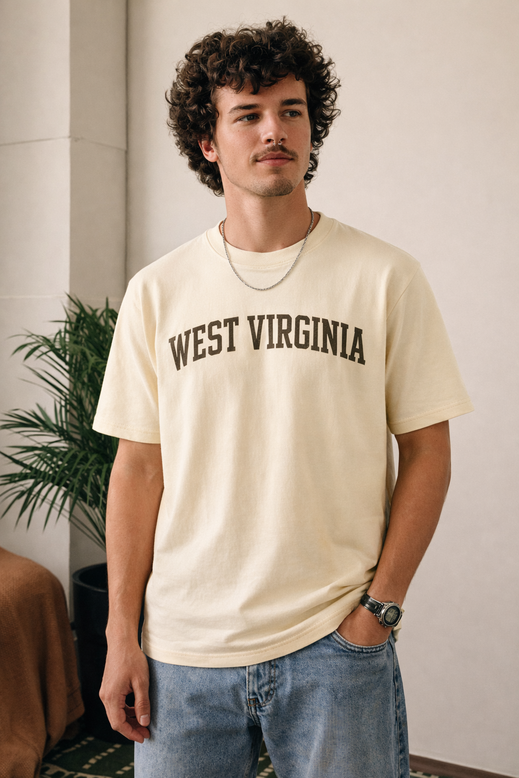 West Virginia State Pride T-Shirt in Cream / Brown — lifestyle 1
