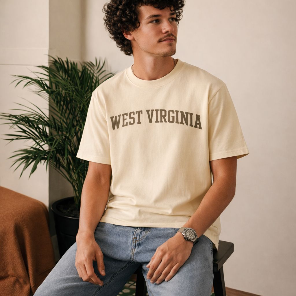 West Virginia State Pride T-Shirt in Cream / Brown — lifestyle 2