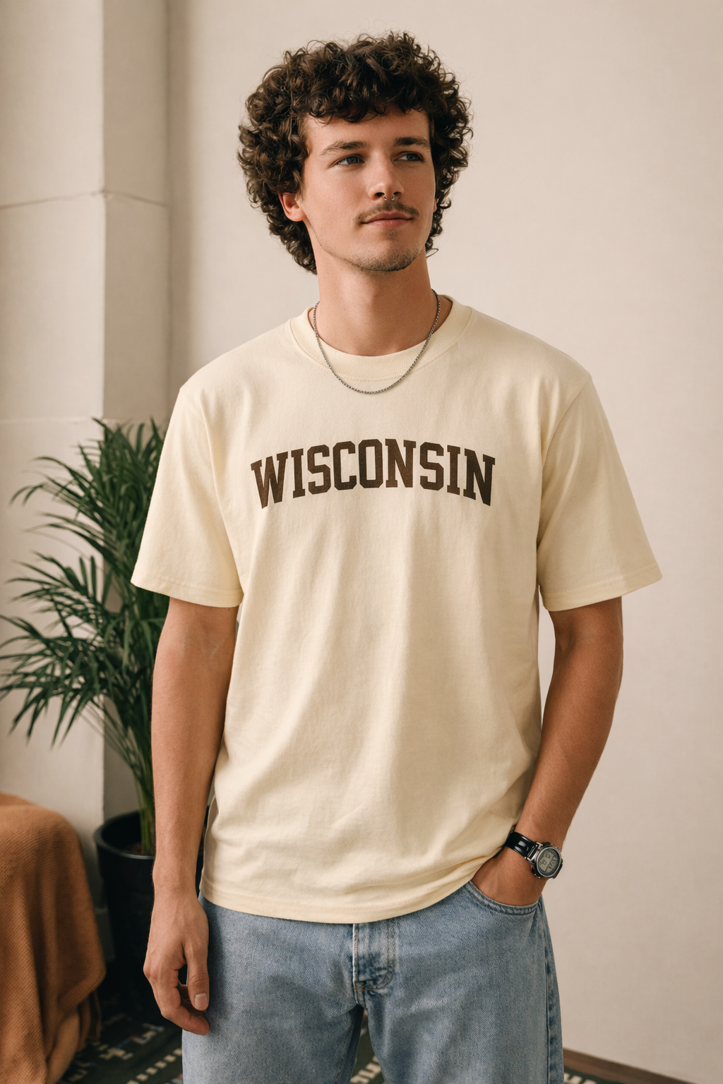 Wisconsin State Pride T-Shirt in Cream / Brown — lifestyle 1