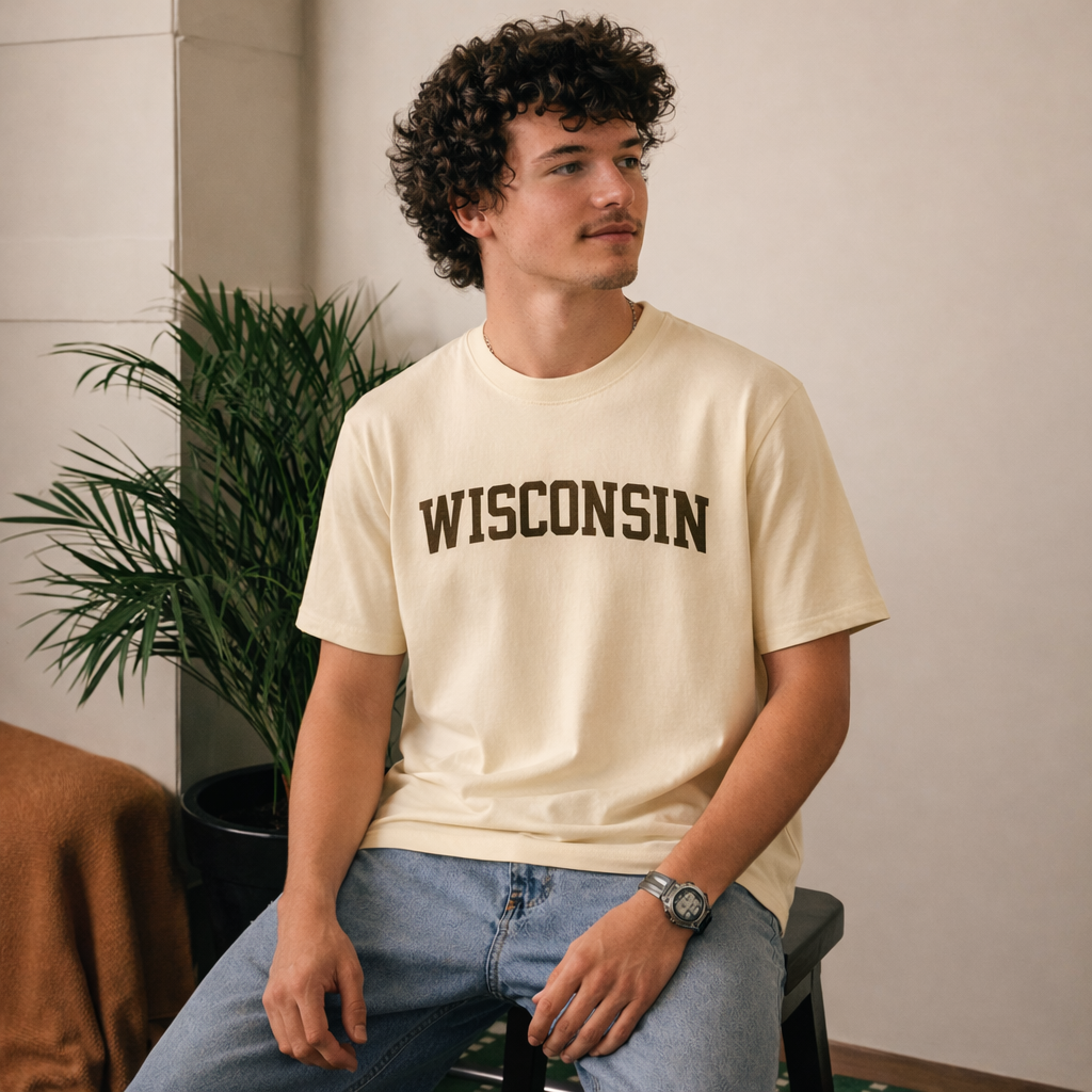 Wisconsin State Pride T-Shirt in Cream / Brown — lifestyle 2