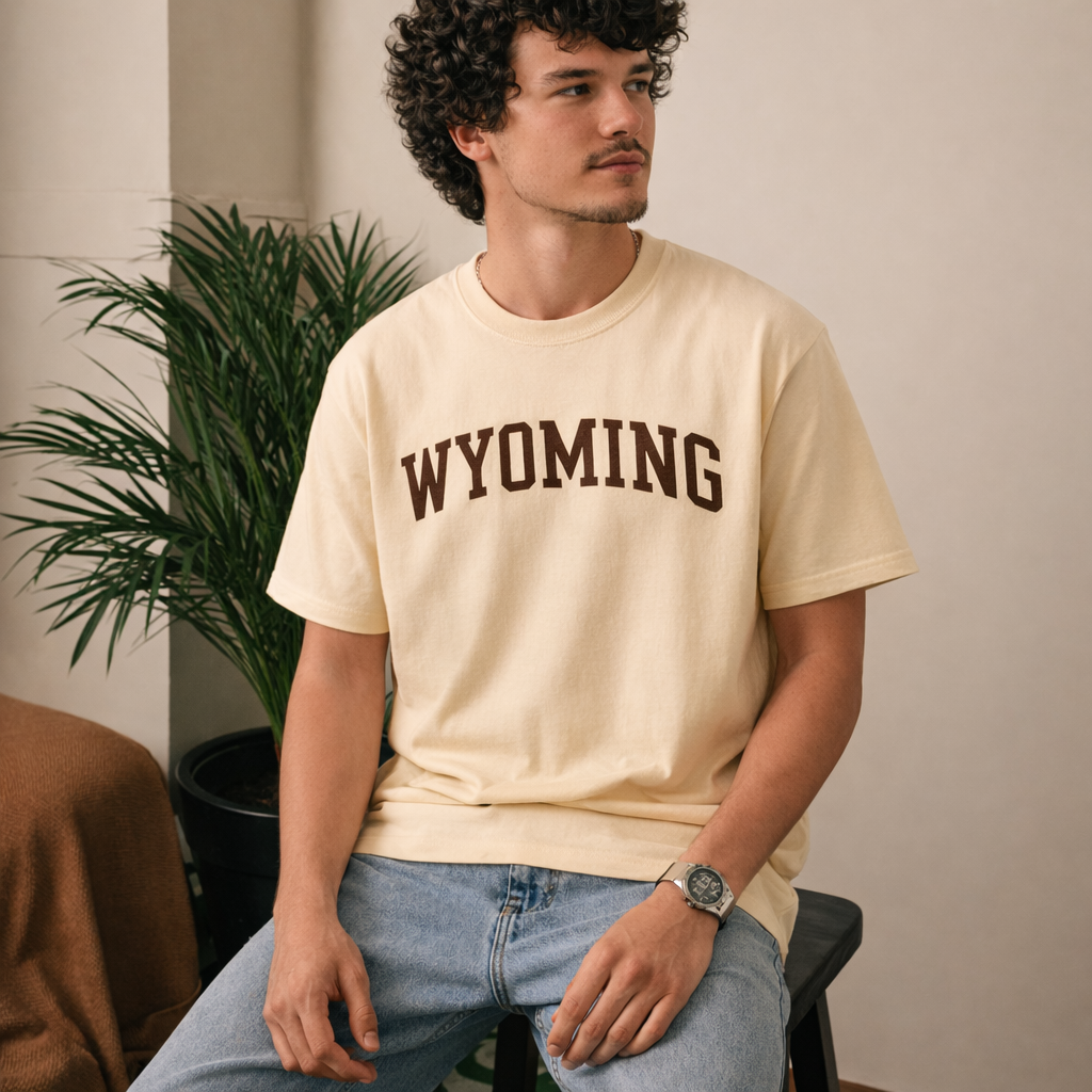 Wyoming State Pride T-Shirt in Cream / Brown — lifestyle 2