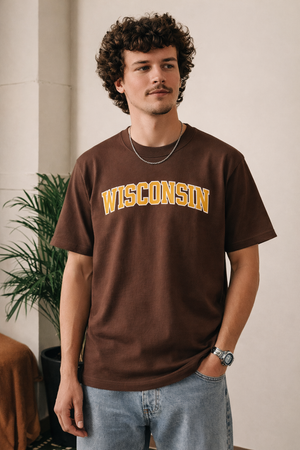 Wisconsin State Pride T-Shirt in Coffee / Gold — lifestyle 1