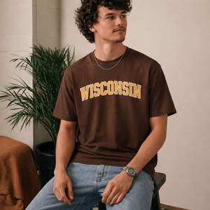 Wisconsin State Pride T-Shirt in Coffee / Gold — lifestyle 2