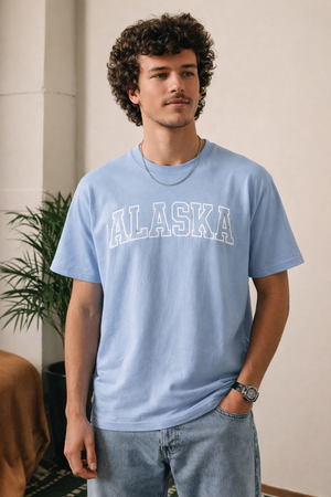 Alaska State Pride T-Shirt in Light Blue / White — lifestyle 1