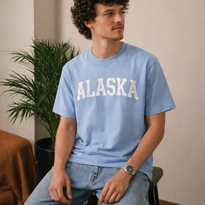 Alaska State Pride T-Shirt in Light Blue / White — lifestyle 2