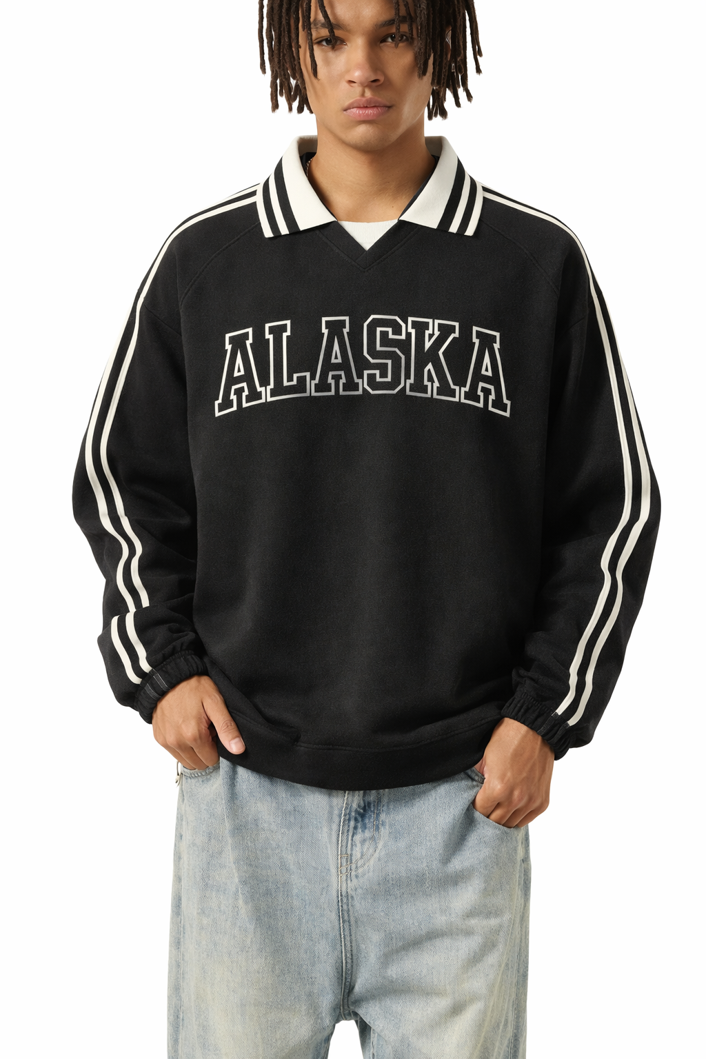 Alaska College Varsity Sweatshirt in Black / White — lifestyle 1