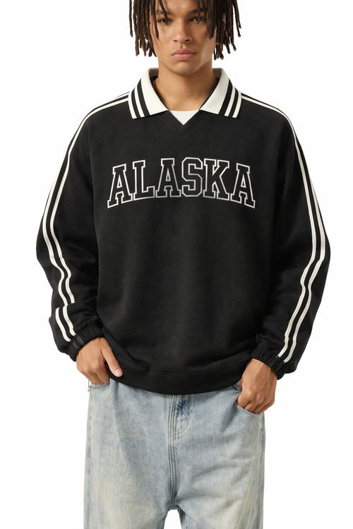 Alaska College Varsity Sweatshirt in Black / White — lifestyle 1
