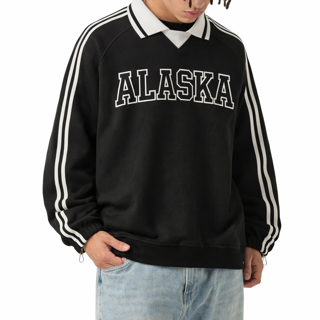 Alaska College Varsity Sweatshirt in Black / White — lifestyle 2
