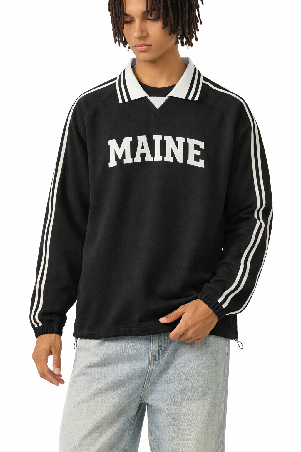 Maine College Varsity Sweatshirt in Black / White — lifestyle 1