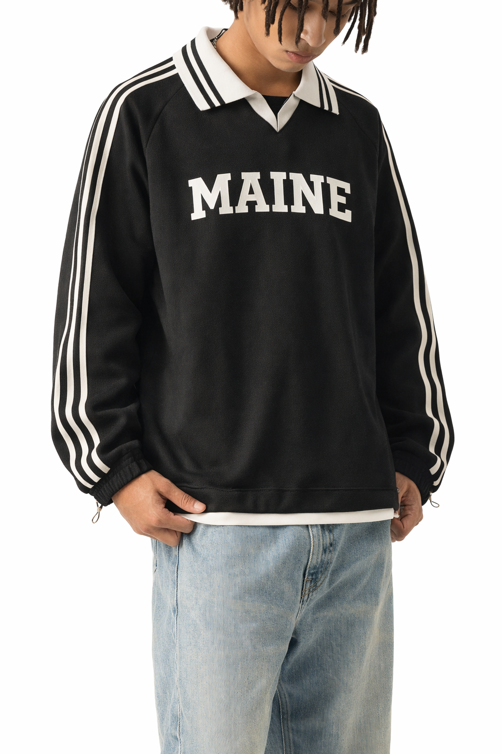 Maine College Varsity Sweatshirt in Black / White — lifestyle 2