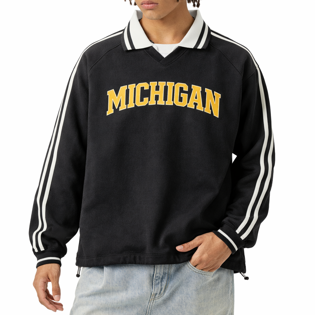 Michigan College Varsity Sweatshirt in Black / Gold — lifestyle 1
