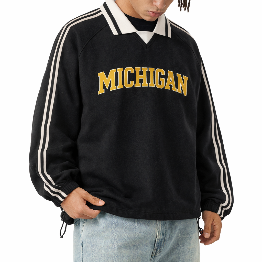 Michigan College Varsity Sweatshirt in Black / Gold — lifestyle 2