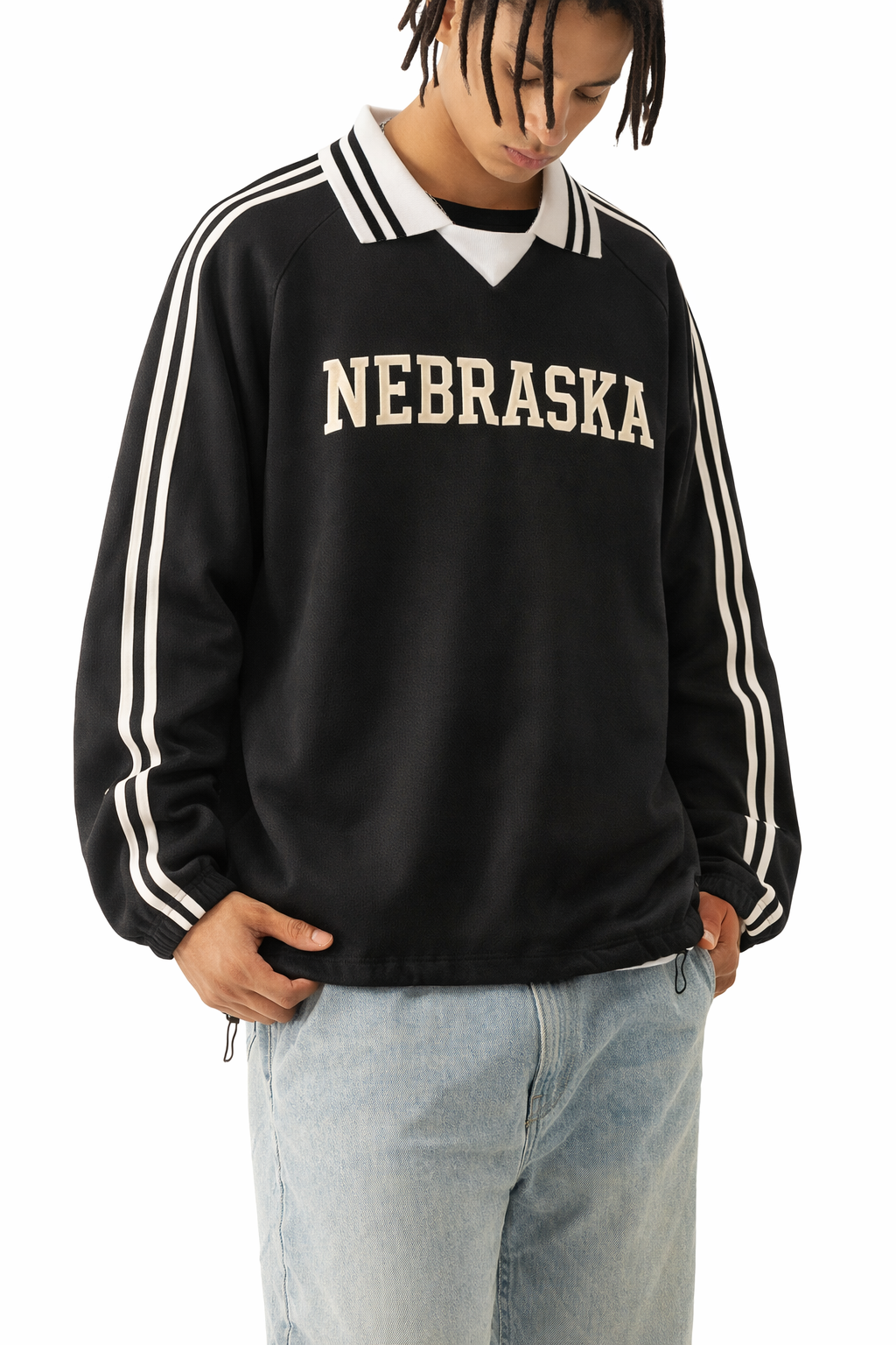 Nebraska College Varsity Sweatshirt in Black / White — lifestyle 2