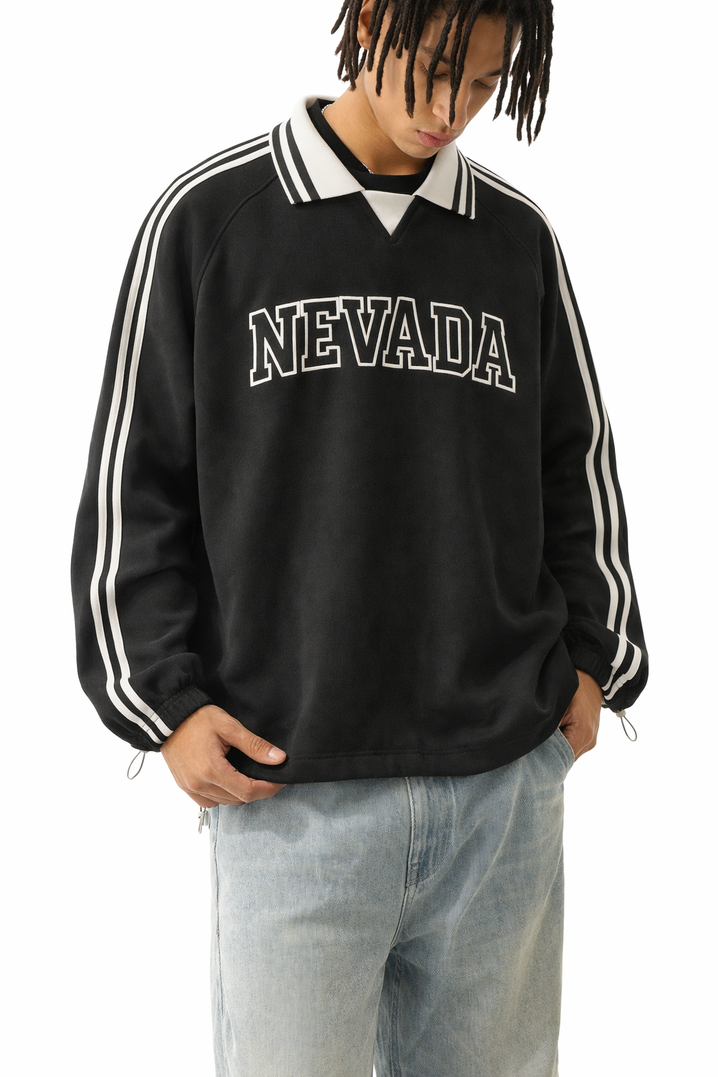 Nevada College Varsity Sweatshirt in Black / White — lifestyle 2