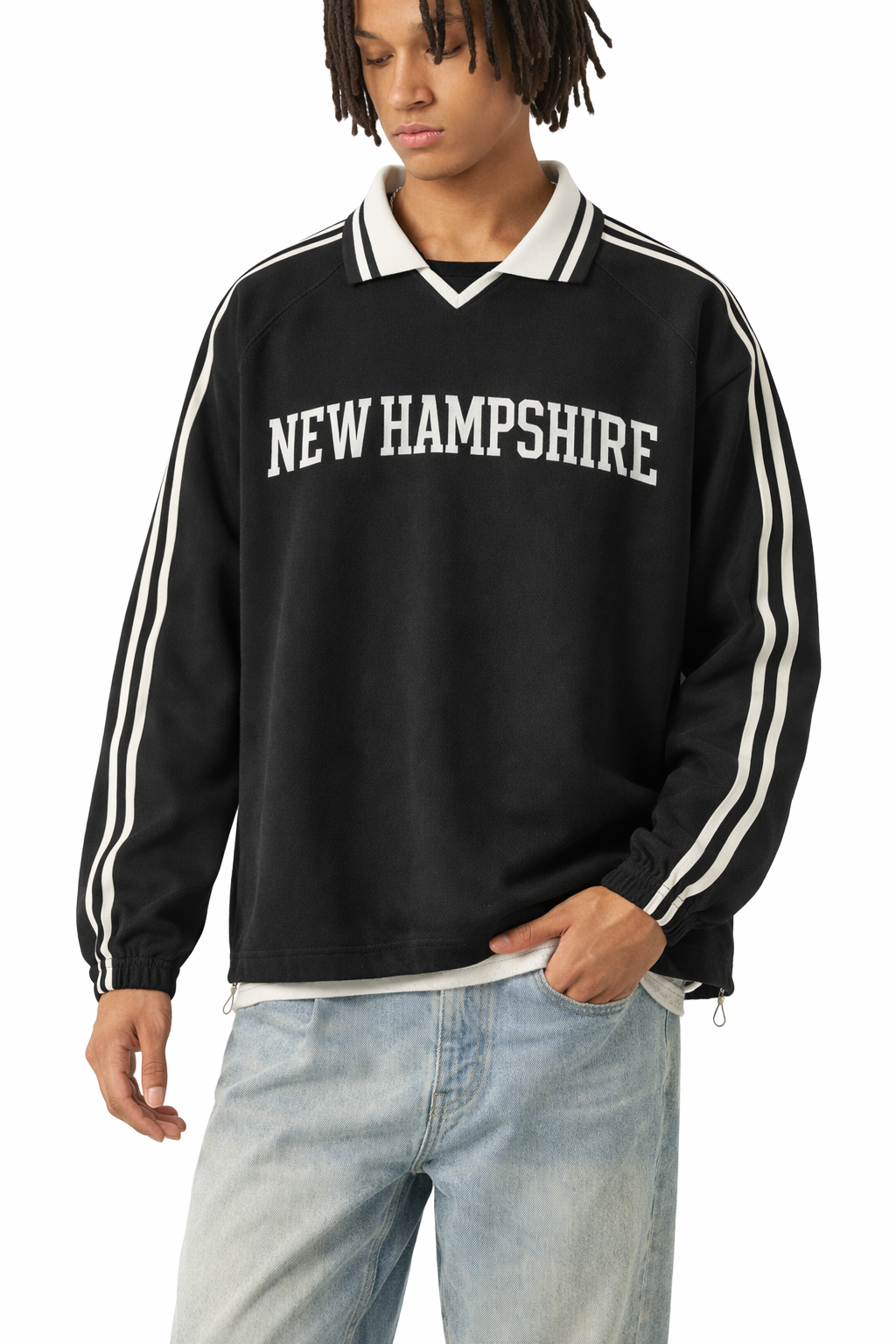 New Hampshire College Varsity Sweatshirt in Black / White — lifestyle 1