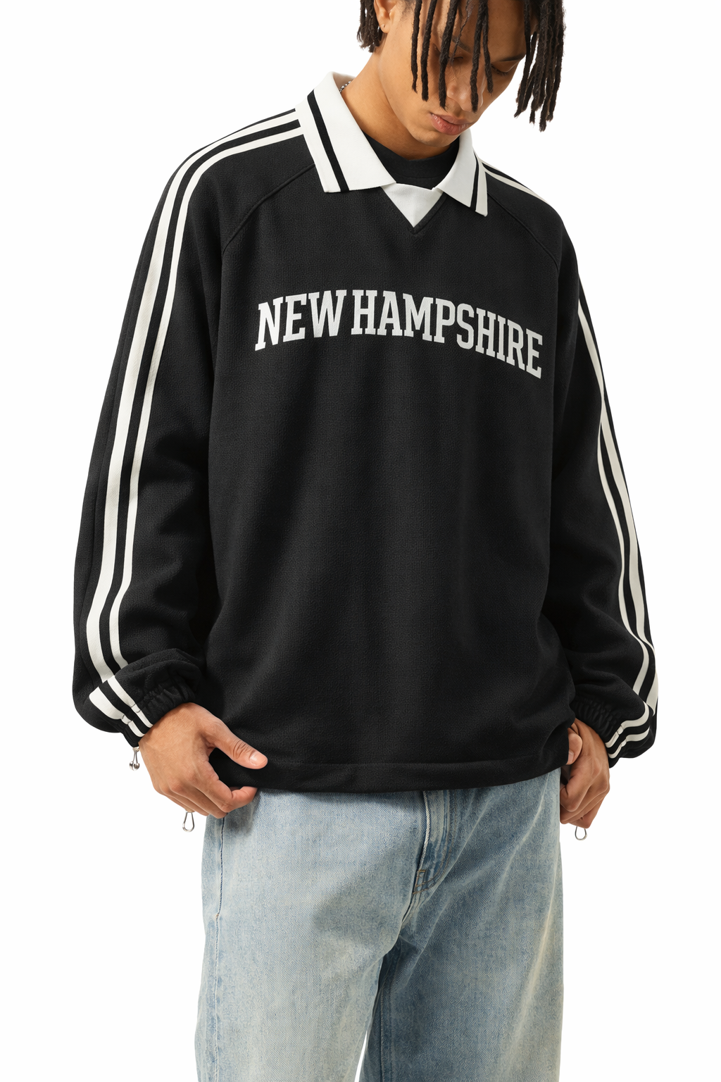 New Hampshire College Varsity Sweatshirt in Black / White — lifestyle 2