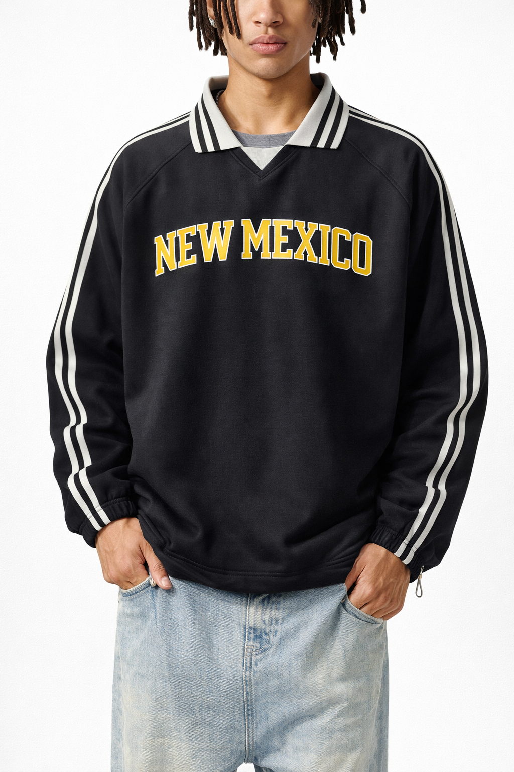 New Mexico College Varsity Sweatshirt in Black / Yellow — lifestyle 1