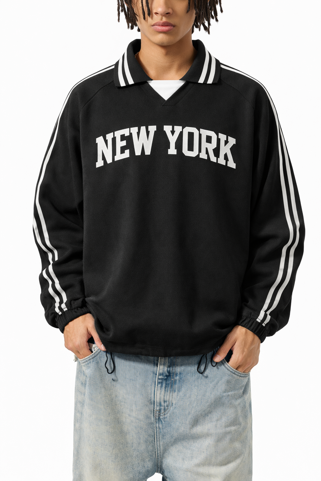 New York College Varsity Sweatshirt in Black / White — lifestyle 1