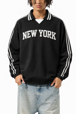 New York College Varsity Sweatshirt in Black / White — lifestyle 1
