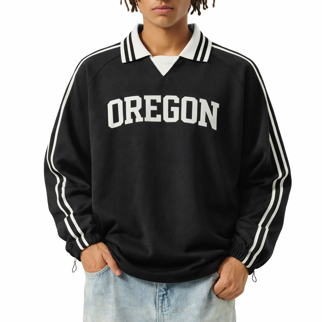 Oregon College Varsity Sweatshirt in Black / White — lifestyle 1