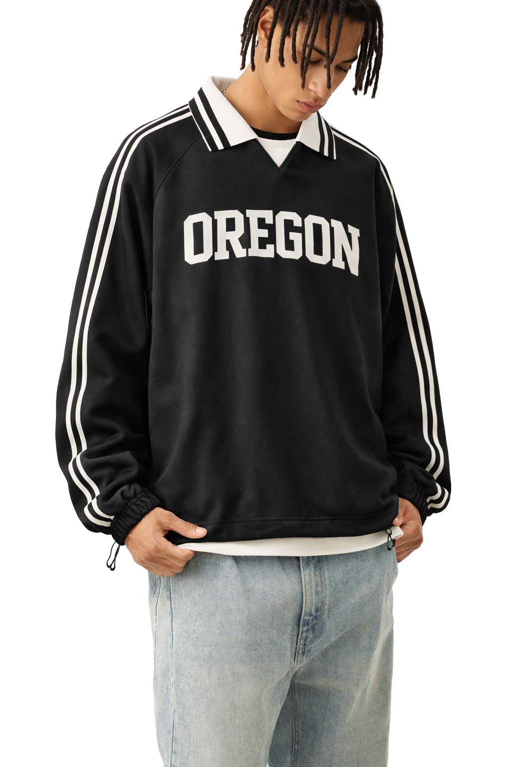 Oregon College Varsity Sweatshirt in Black / White — lifestyle 2