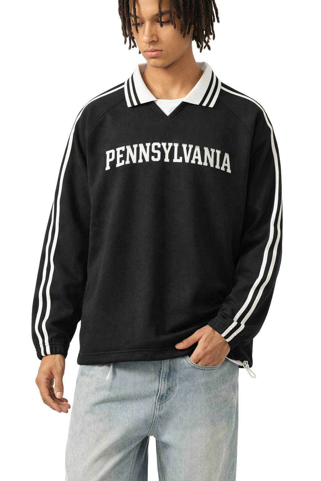 Pennsylvania College Varsity Sweatshirt in Black / White — lifestyle 1
