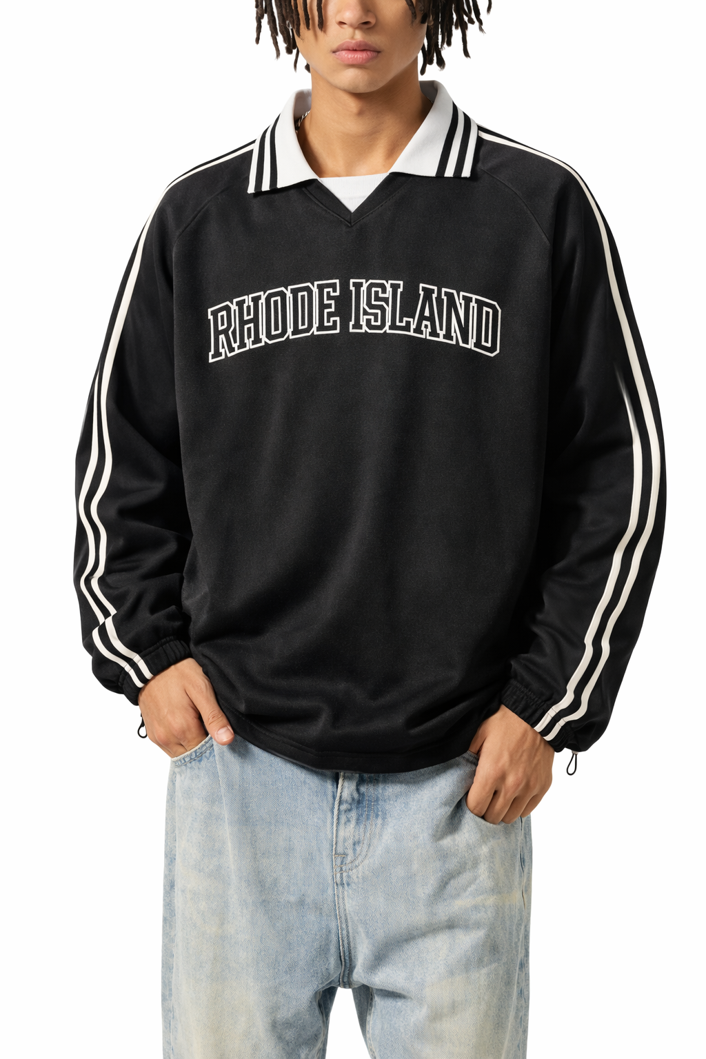 Rhode Island College Varsity Sweatshirt in Black / White — lifestyle 1